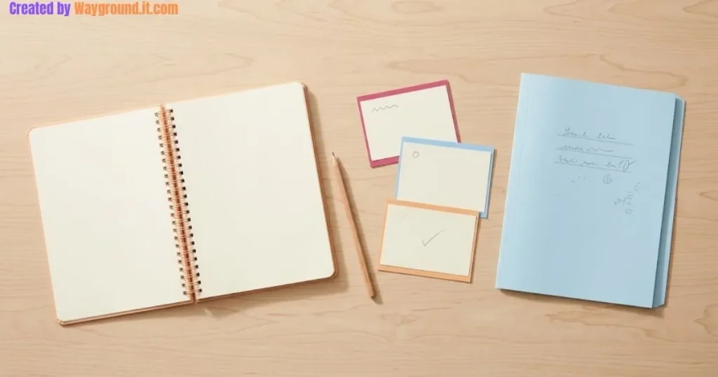 Lesson-planning notebook, student response cards, and a project folder arranged on a teacher’s desk.