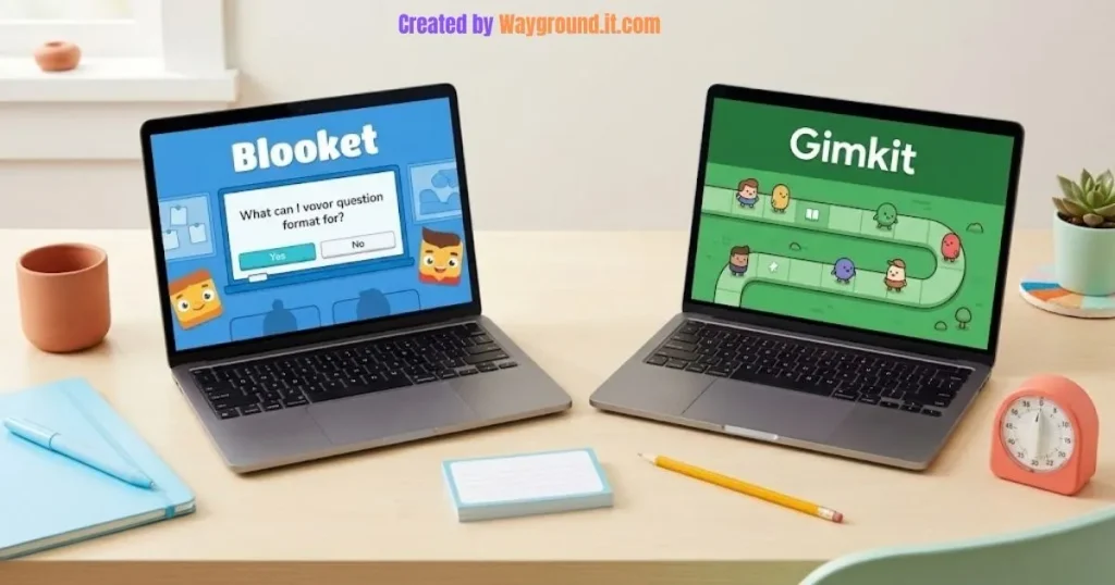 Two laptops labeled Blooket and Gimkit beside response cards and a classroom timer.
