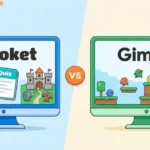 Blooket and Gimkit comparison illustration showing quiz activities and a 2D game world.