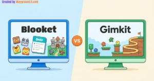 Blooket and Gimkit comparison illustration showing quiz activities and a 2D game world.