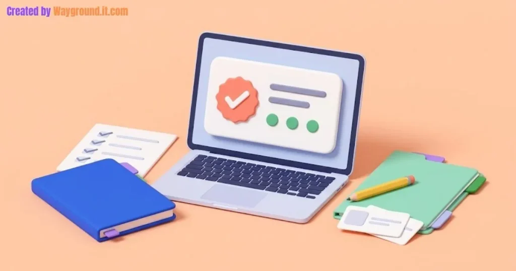 Laptop with an assignment card beside a checklist, blue notebook, and mint folder on a peach background.