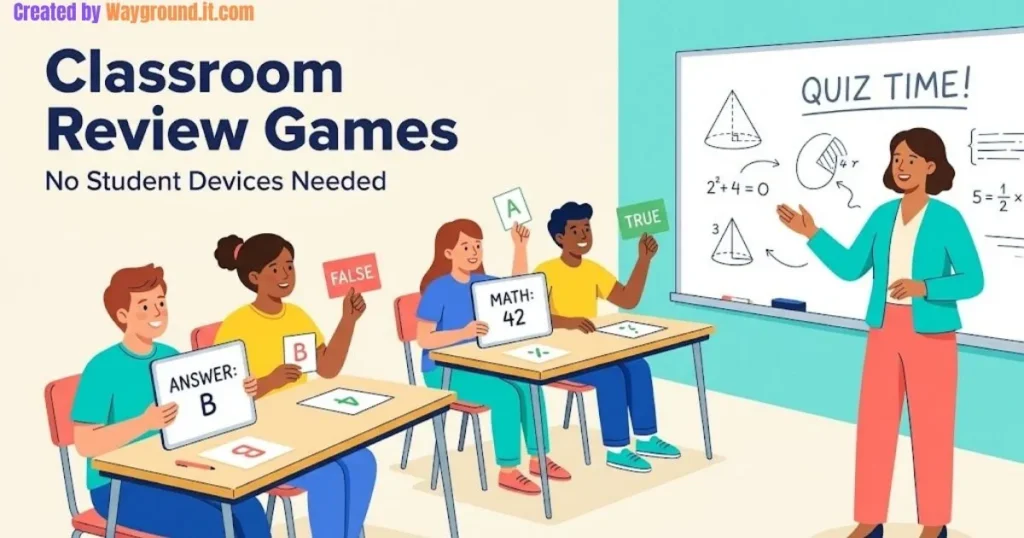 Students hold whiteboards and paper response cards during a classroom review game.