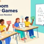 Students hold whiteboards and paper response cards during a classroom review game.