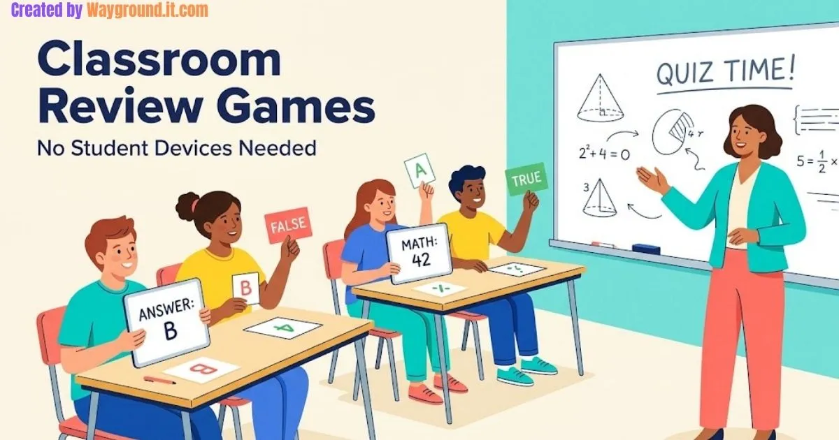 Students hold whiteboards and paper response cards during a classroom review game.