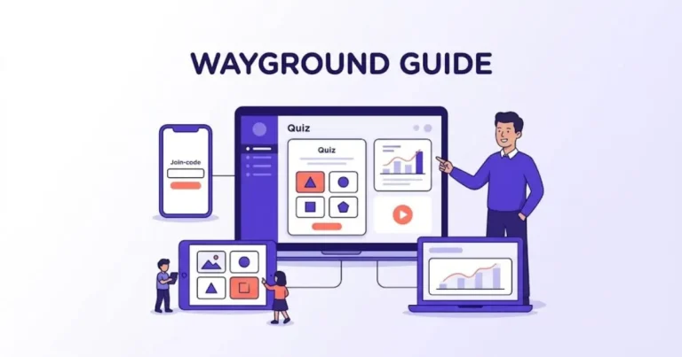 Wayground guide showing quiz creation, a join-code screen, student devices, and a teacher dashboard