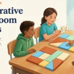 Four students work together on a classroom challenge using geometric tiles and clue cards.