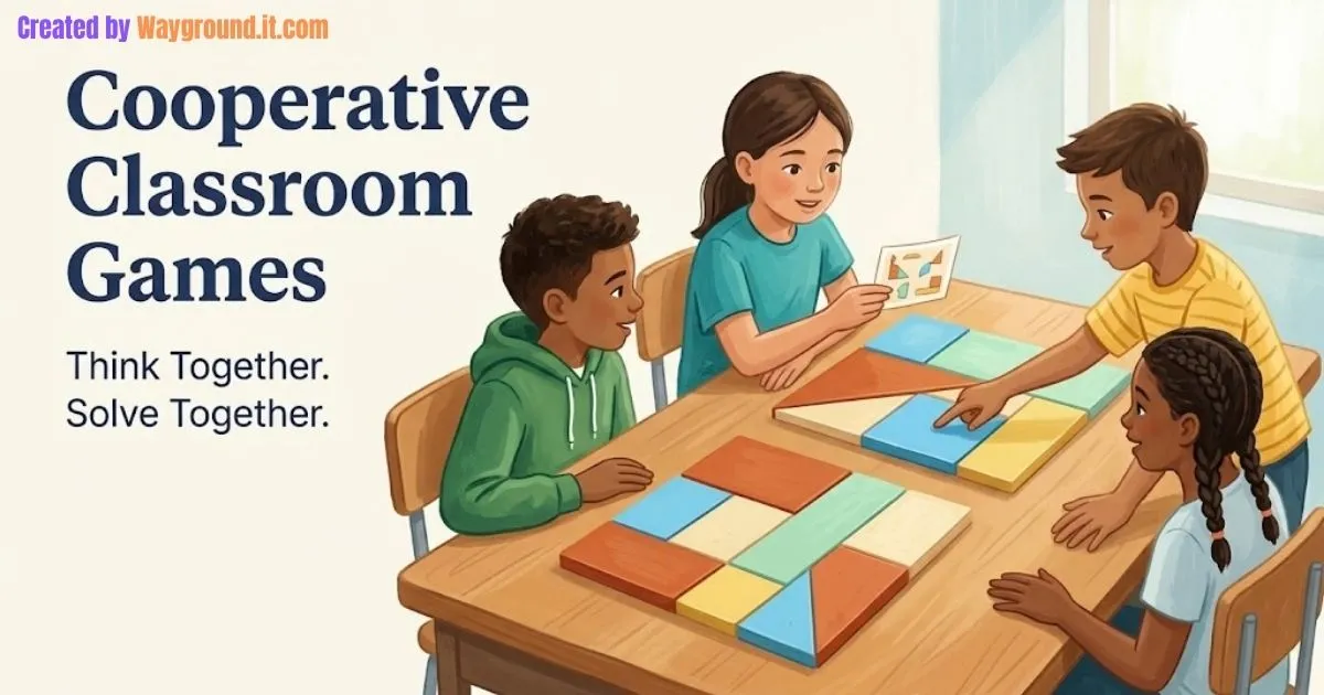 Four students work together on a classroom challenge using geometric tiles and clue cards.
