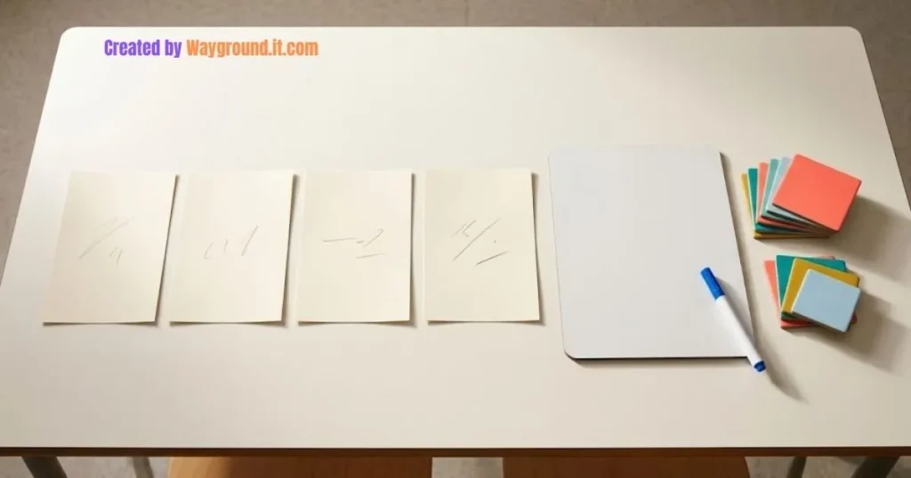 Paper clue cards, a whiteboard, and square tiles arranged for a cooperative classroom puzzle.