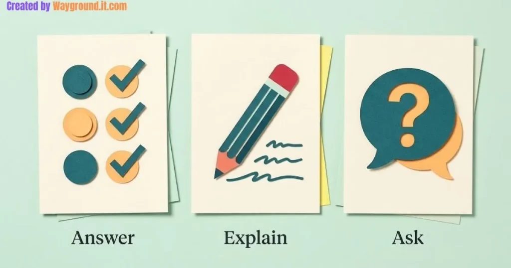 Three illustrated cards labeled Answer, Explain, and Ask for a short classroom exit ticket.