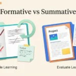 A notebook with feedback beside a completed project and rubric, illustrating two assessment purposes.