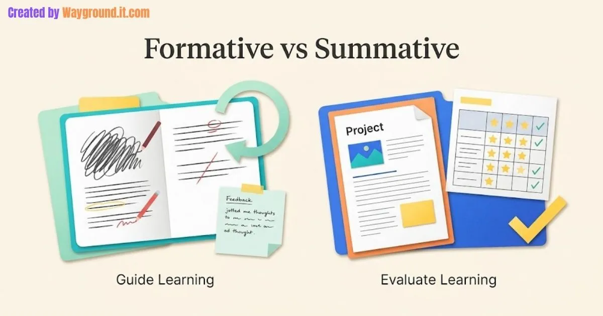 A notebook with feedback beside a completed project and rubric, illustrating two assessment purposes.
