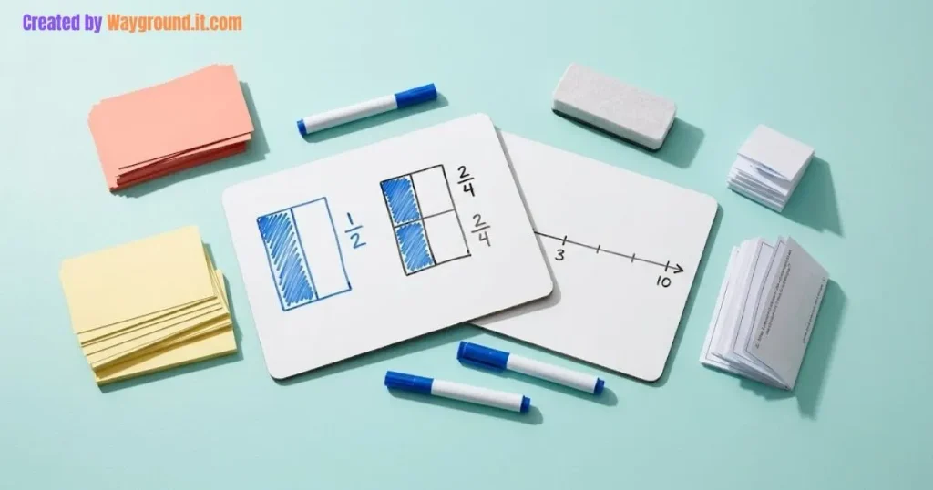 Whiteboards showing equivalent fraction diagrams beside colorful review cards and markers.