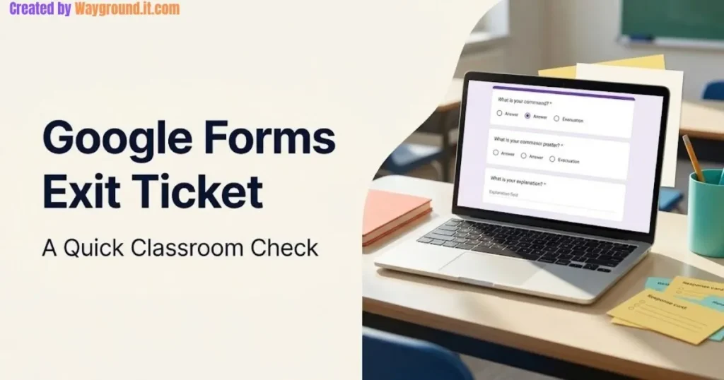 Laptop showing an illustrated exit-ticket form beside colorful classroom stationery.