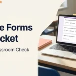 Laptop showing an illustrated exit-ticket form beside colorful classroom stationery.