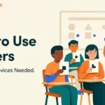 Teacher scans paper response cards held by three students during a classroom quiz.