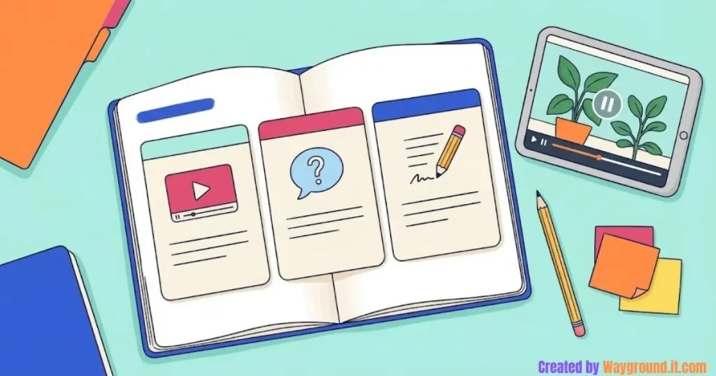 Colorful notebook and tablet with video, question, and writing symbols for planning an interactive lesson.