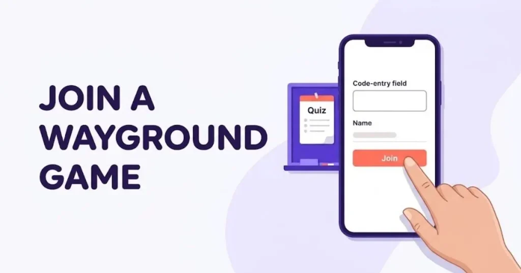 Phone with an empty game-code field and a coral Join button, with a hand about to tap it