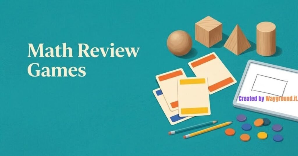 Colorful game cards, geometric shapes, and a mini whiteboard for classroom math review.