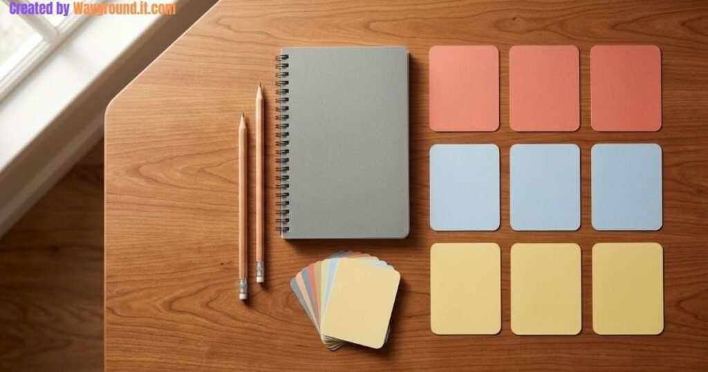 Blank colored cards arranged in three groups beside pencils and a notebook.