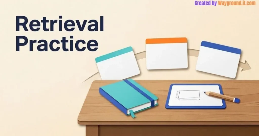 Closed notebook, question cards, and a mini whiteboard illustrating classroom retrieval practice.