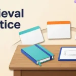 Closed notebook, question cards, and a mini whiteboard illustrating classroom retrieval practice.