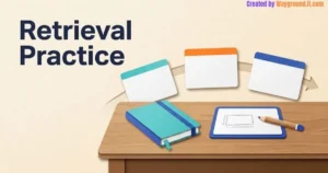 Closed notebook, question cards, and a mini whiteboard illustrating classroom retrieval practice.