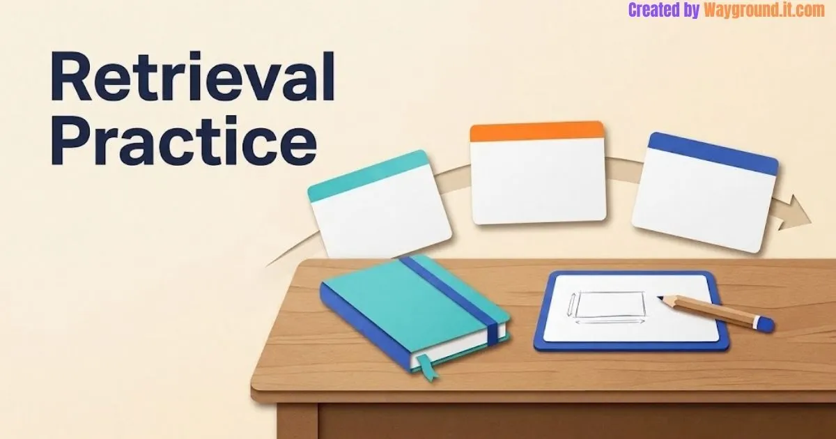 Closed notebook, question cards, and a mini whiteboard illustrating classroom retrieval practice.