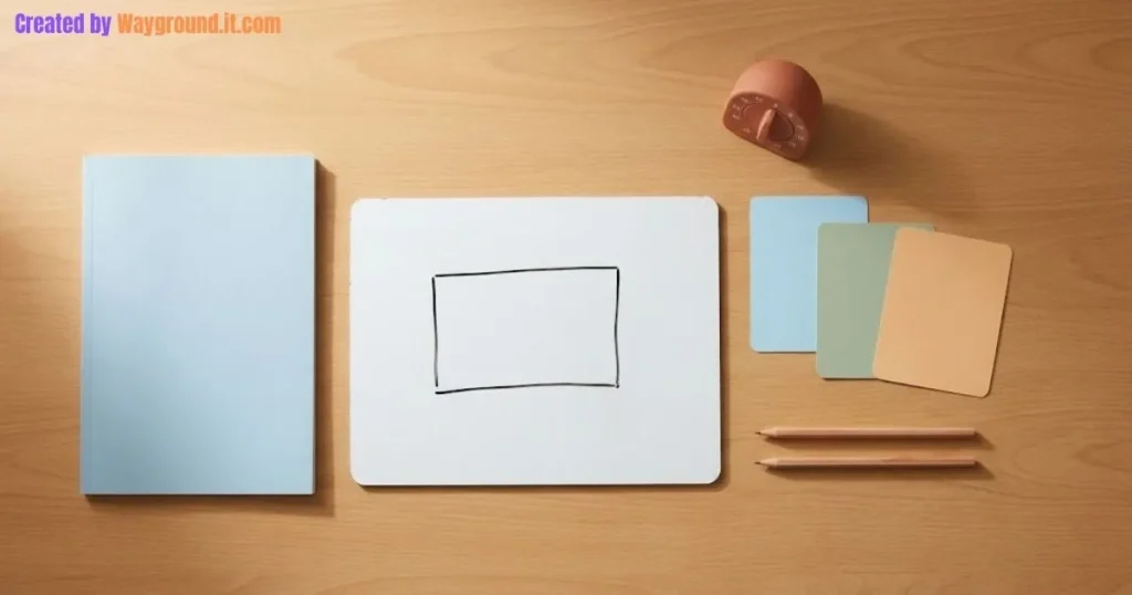 Mini whiteboard with a rectangle sketch beside a closed notebook and response cards.