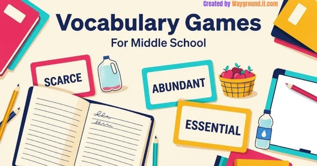 Vocabulary cards labeled scarce, abundant, and essential beside drawings and classroom writing supplies.