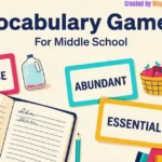Vocabulary cards labeled scarce, abundant, and essential beside drawings and classroom writing supplies.