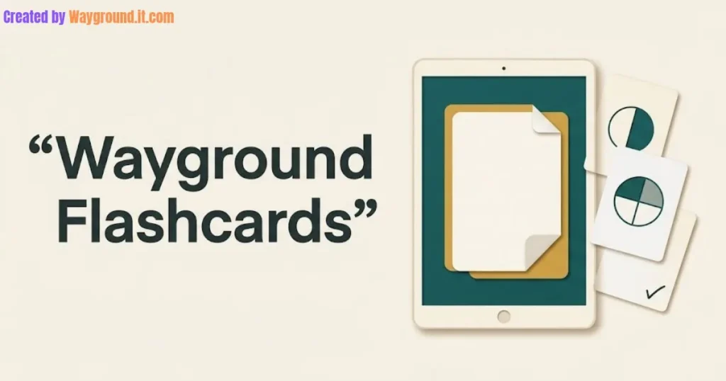 Wayground Flashcards illustration with a tablet and fraction study cards on a cream background.