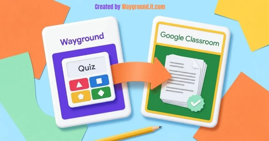 Colorful illustration of Wayground and Google Classroom panels connected by an orange assignment-sharing arrow.