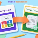 Colorful illustration of Wayground and Google Classroom panels connected by an orange assignment-sharing arrow.