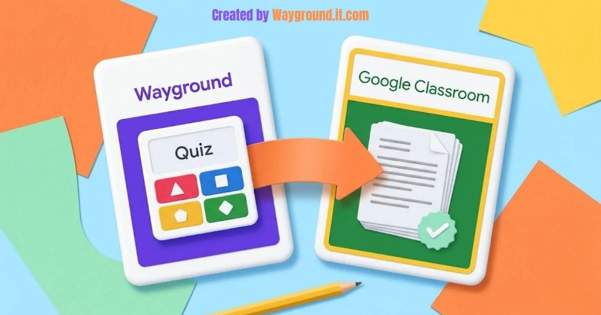 Colorful illustration of Wayground and Google Classroom panels connected by an orange assignment-sharing arrow.
