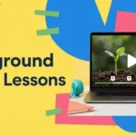 Colorful Wayground video lessons illustration with a laptop, play button, and question card on a yellow background.
