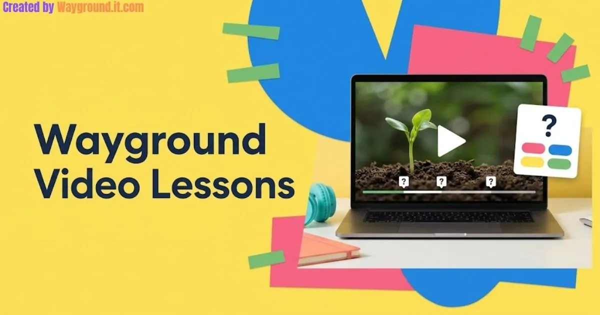 Colorful Wayground video lessons illustration with a laptop, play button, and question card on a yellow background.