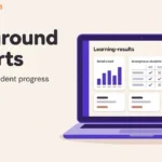 Illustrated laptop showing a Wayground student-response report beside an exported spreadsheet.
