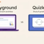 Wayground quiz and response chart beside Quizlet flashcards in a purple-and-blue comparison illustration.