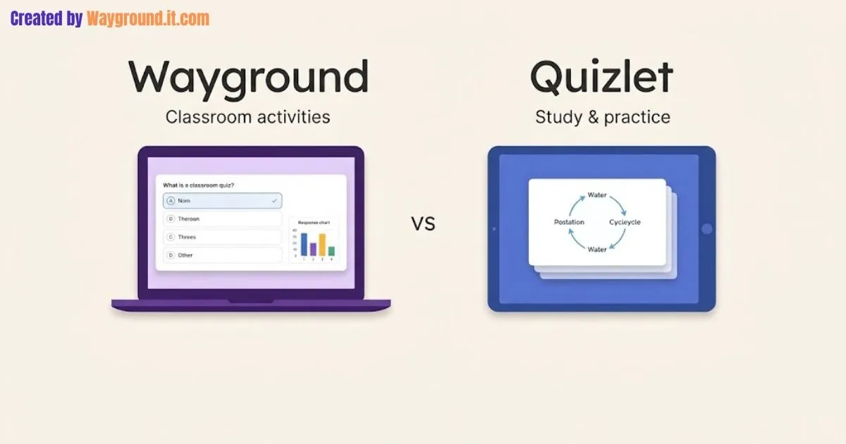 Wayground quiz and response chart beside Quizlet flashcards in a purple-and-blue comparison illustration.