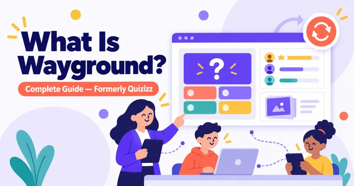 Teacher and students using the Wayground gamified learning platform on connected devices