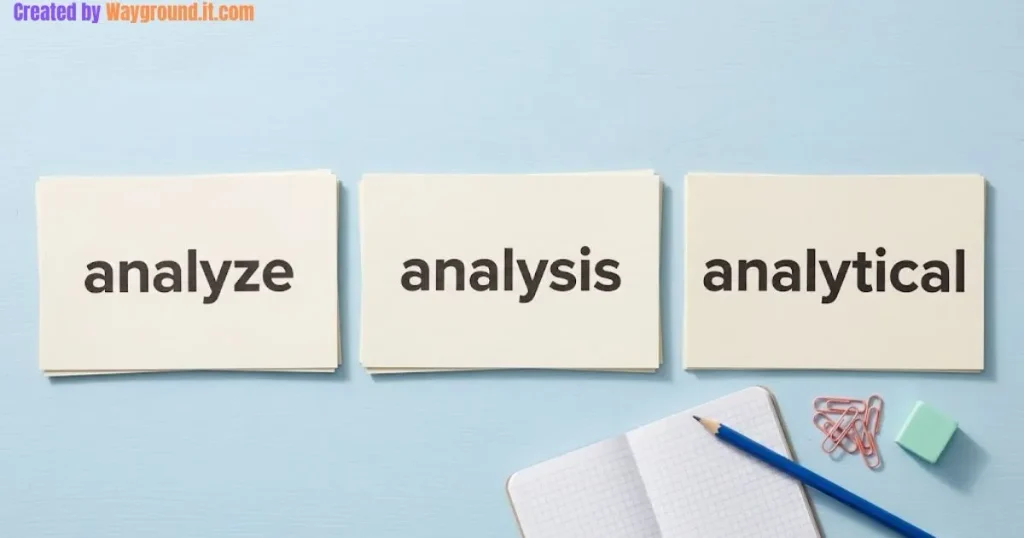 Cards showing analyze, analysis, and analytical arranged beside a notebook and pencil.