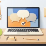 Laptop and illustrated cards representing photo permission, message checking, supportive chats, and source verification.