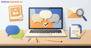 Laptop and illustrated cards representing photo permission, message checking, supportive chats, and source verification.