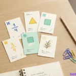 Illustrated exit-ticket cards with fraction bars, shapes, and a plant sketch on a teacher’s desk.