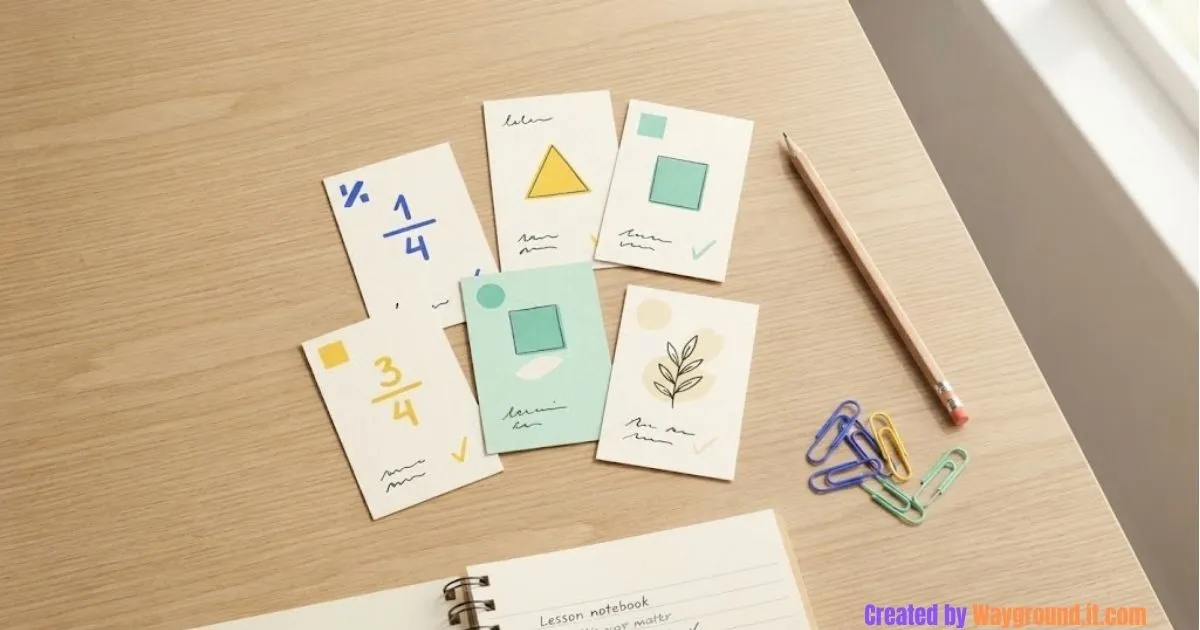 Illustrated exit-ticket cards with fraction bars, shapes, and a plant sketch on a teacher’s desk.