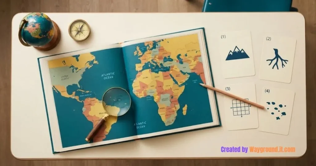 Atlas, globe, compass, and geography clue cards arranged on a classroom desk.