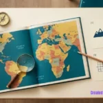 Atlas, globe, compass, and geography clue cards arranged on a classroom desk.