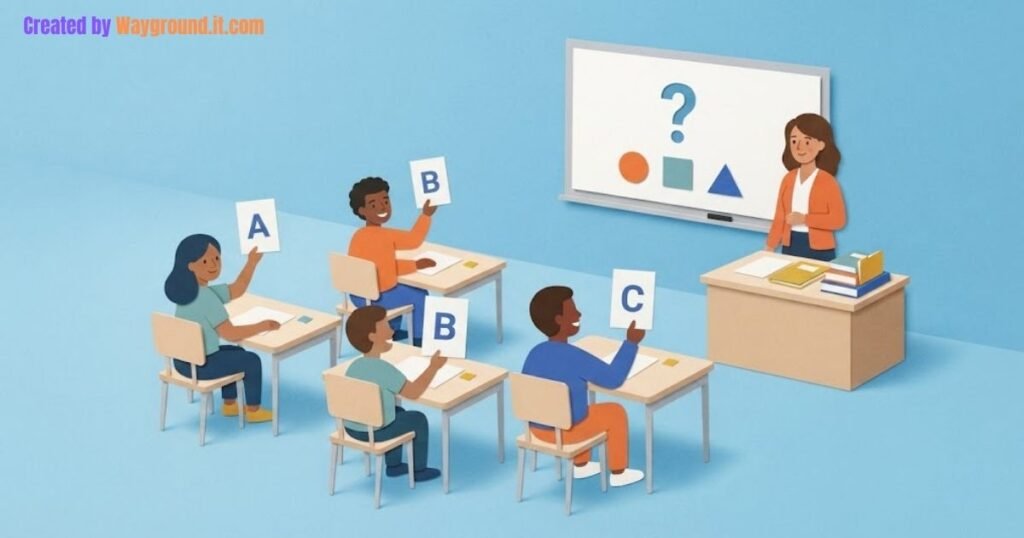 Students hold up answer cards while a teacher checks their understanding during a lesson.
