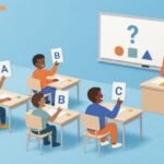 Students hold up answer cards while a teacher checks their understanding during a lesson.