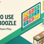 Illustration of a shared classroom quiz screen beside student desks with paper answer sheets.